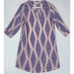 Peach Love California Geo Shift Dress Sz Large Pink Blue V-Neck 3/4 Sleeve